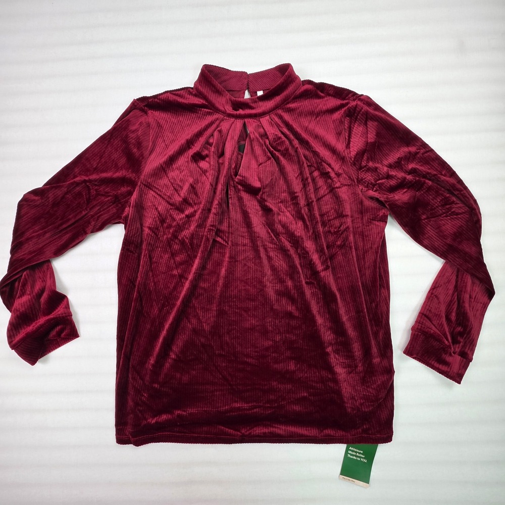 Halara Burgundy Ribbed Velvet Mock Neck Keyhole Long Sleeve Top Blouse Medium